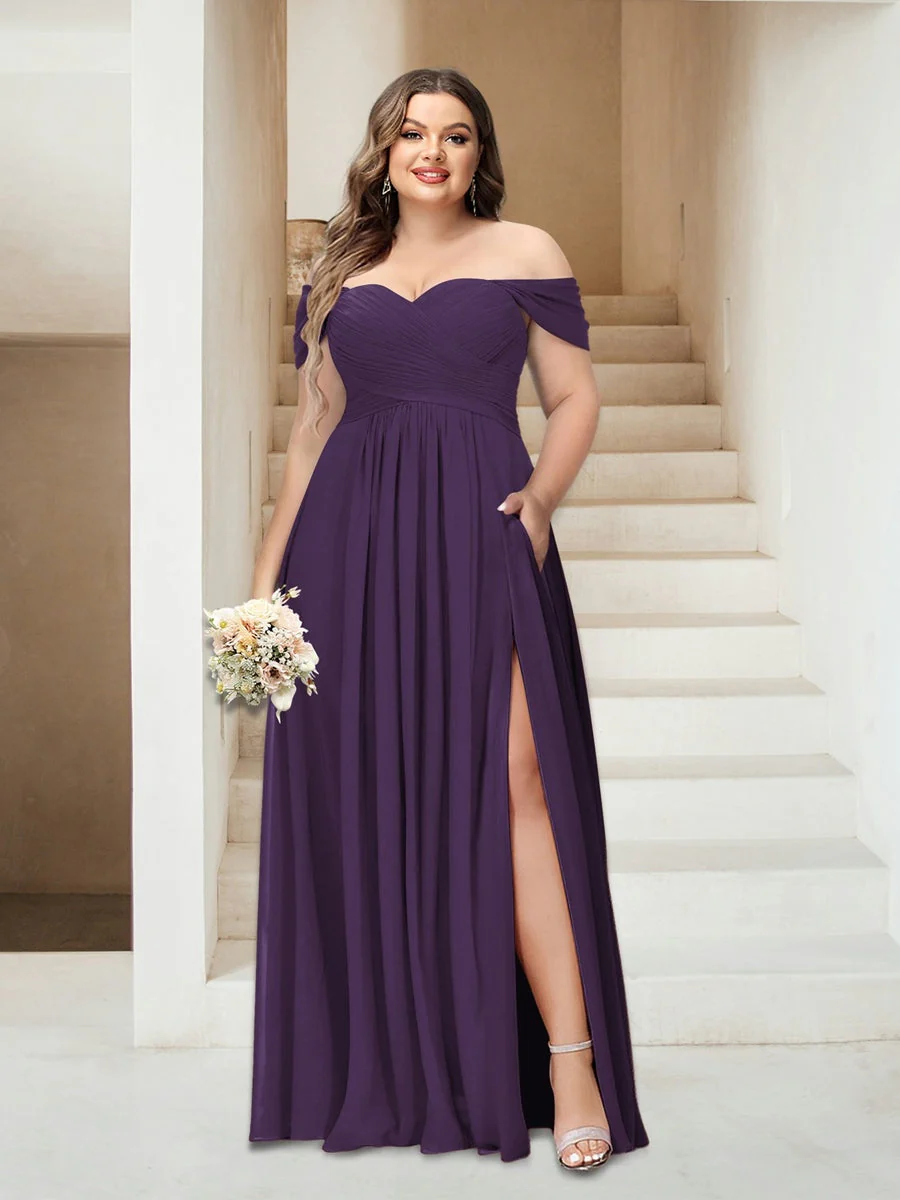 A-Line/Princess Off-the-Shoulder Sleeveless Chiffon Plus Size Bridesmaid Dresses with Pockets - Image 22