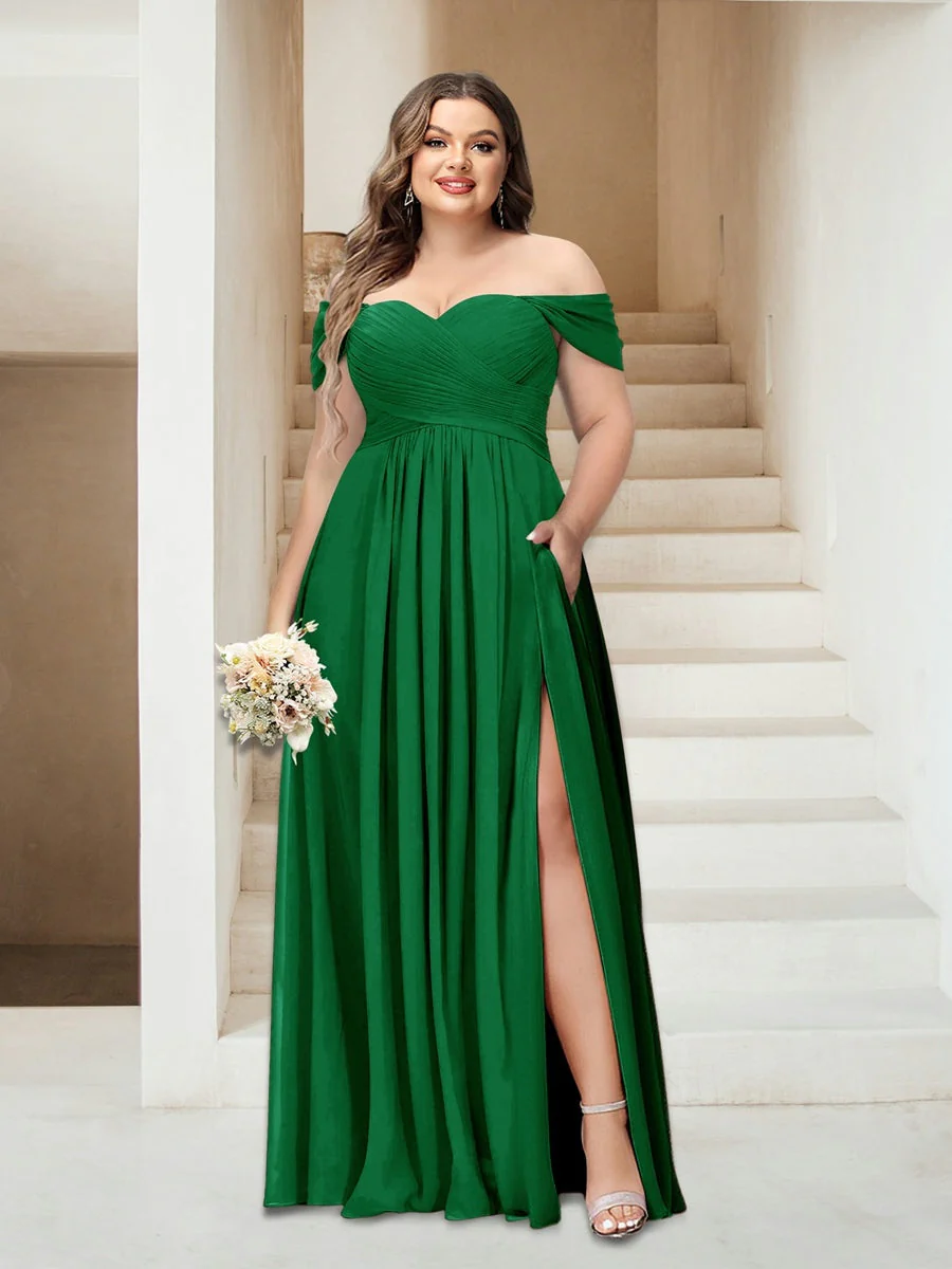 A-Line/Princess Off-the-Shoulder Sleeveless Chiffon Plus Size Bridesmaid Dresses with Pockets - Image 24