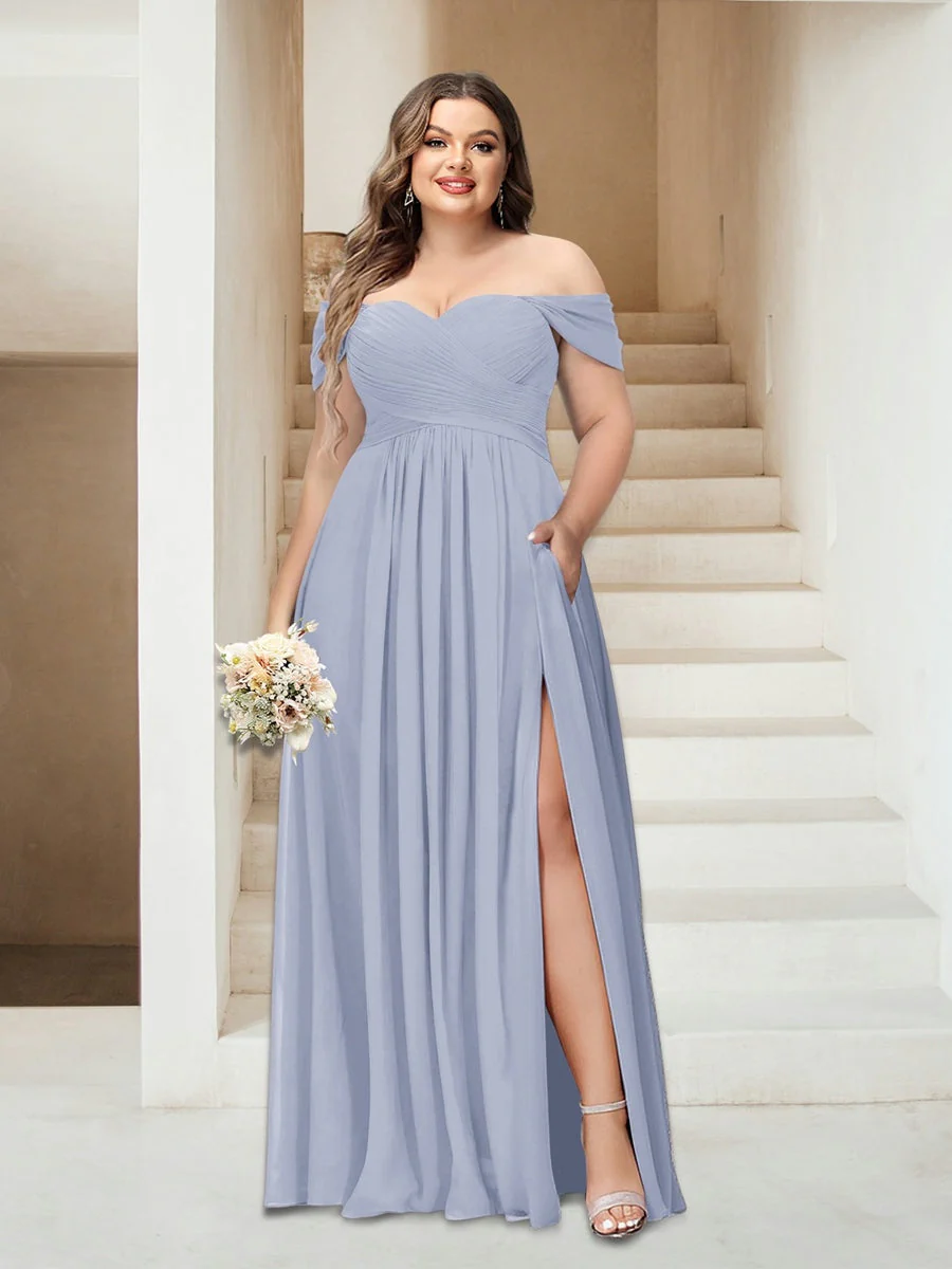 A-Line/Princess Off-the-Shoulder Sleeveless Chiffon Plus Size Bridesmaid Dresses with Pockets - Image 27