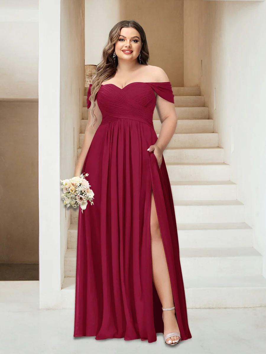 A-Line/Princess Off-the-Shoulder Sleeveless Chiffon Plus Size Bridesmaid Dresses with Pockets - Image 29