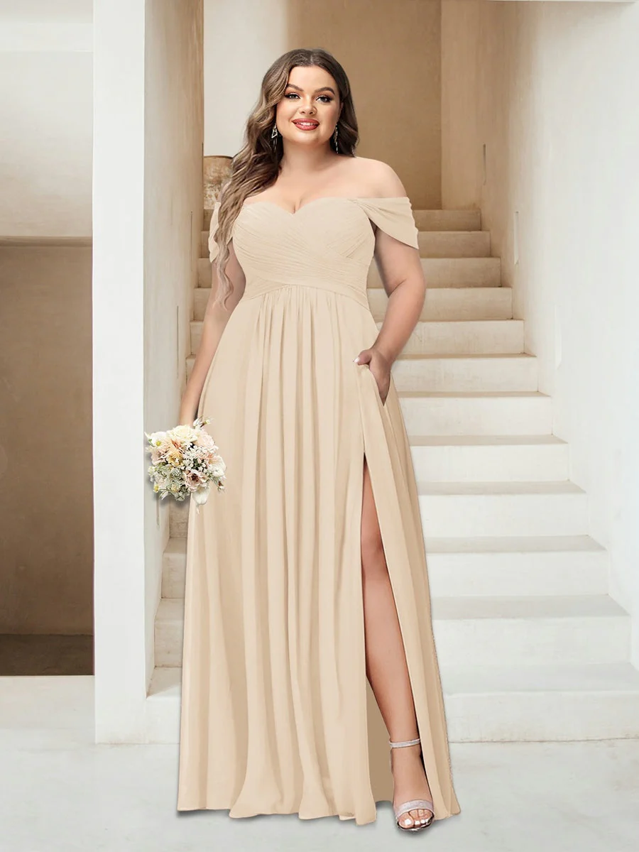 A-Line/Princess Off-the-Shoulder Sleeveless Chiffon Plus Size Bridesmaid Dresses with Pockets - Image 30