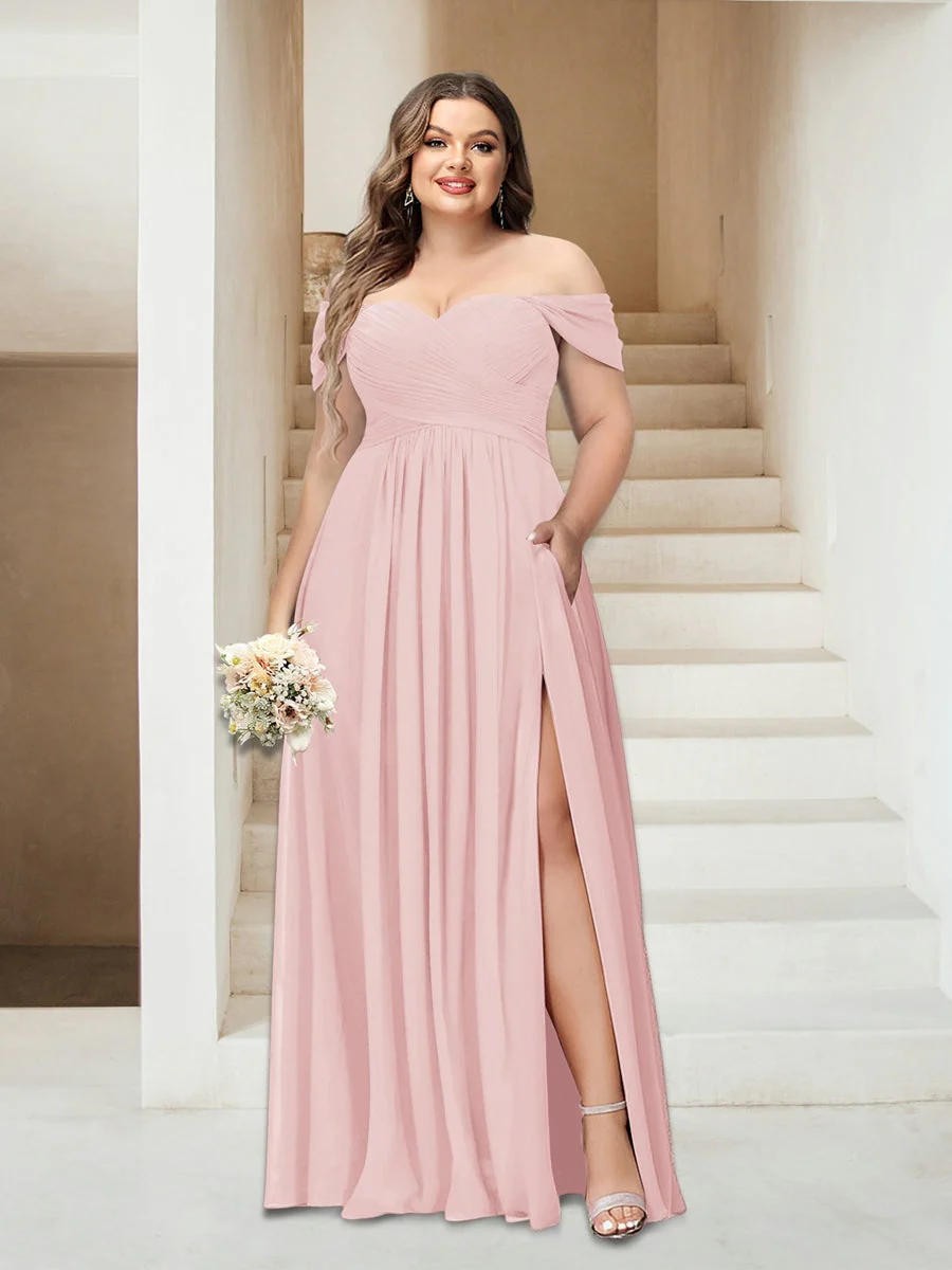 A-Line/Princess Off-the-Shoulder Sleeveless Chiffon Plus Size Bridesmaid Dresses with Pockets - Image 31
