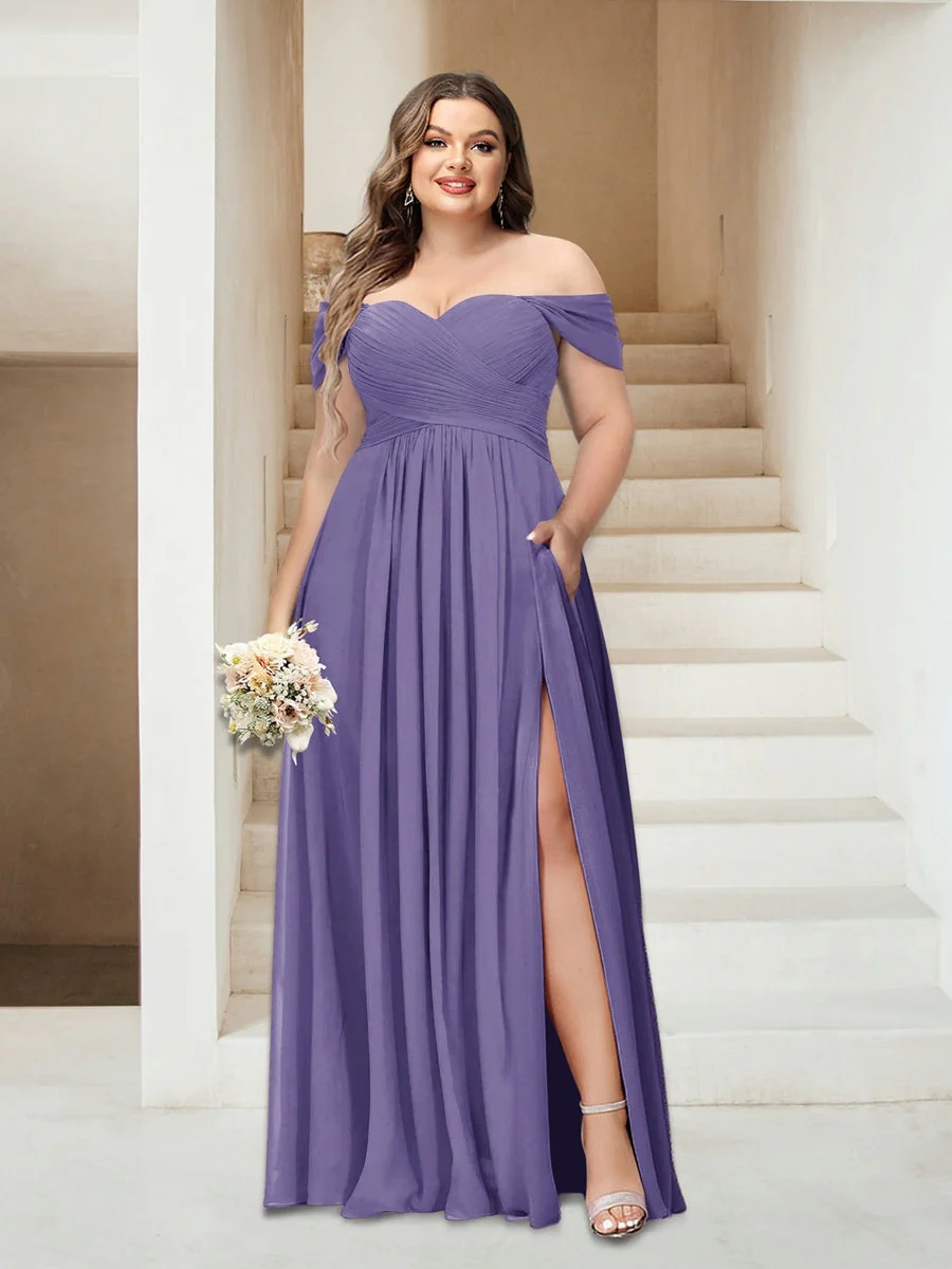 A-Line/Princess Off-the-Shoulder Sleeveless Chiffon Plus Size Bridesmaid Dresses with Pockets - Image 32