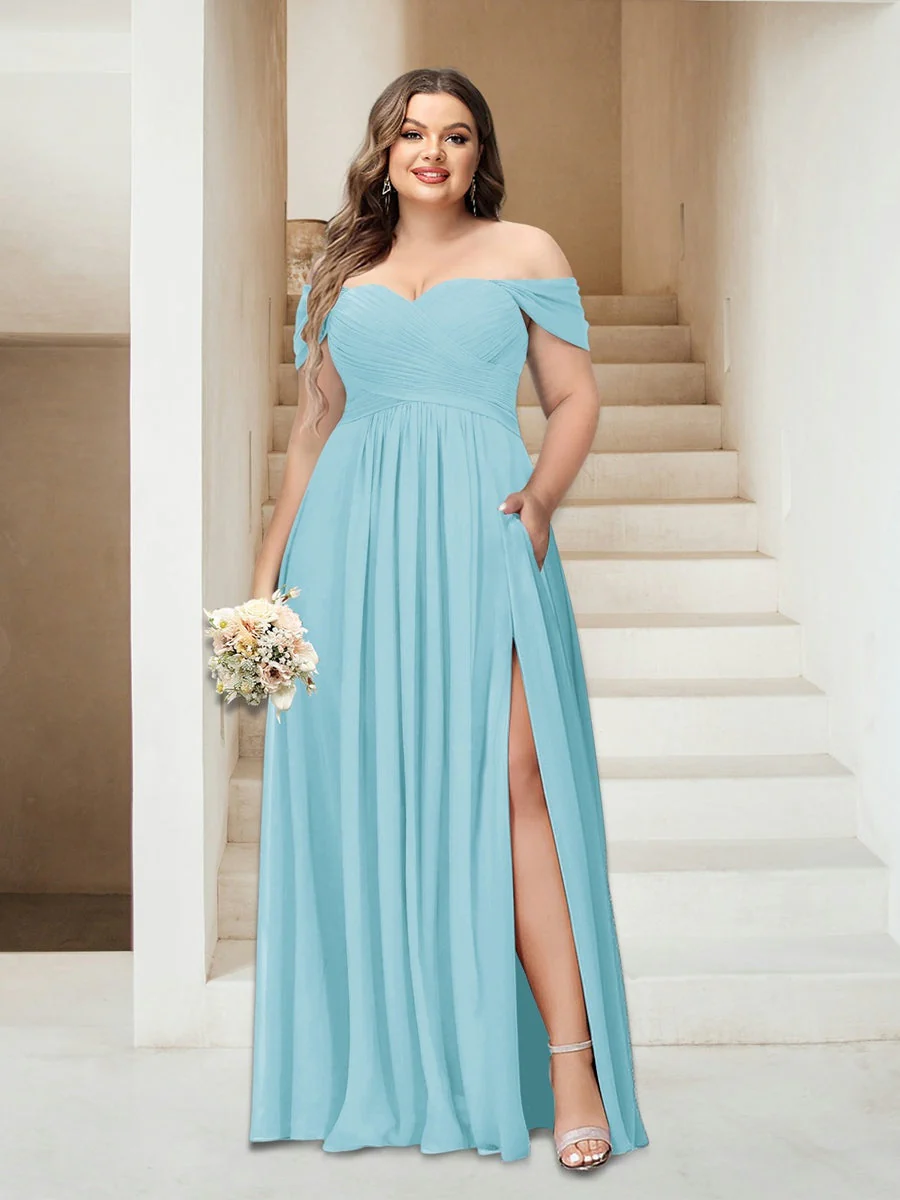 A-Line/Princess Off-the-Shoulder Sleeveless Chiffon Plus Size Bridesmaid Dresses with Pockets - Image 34
