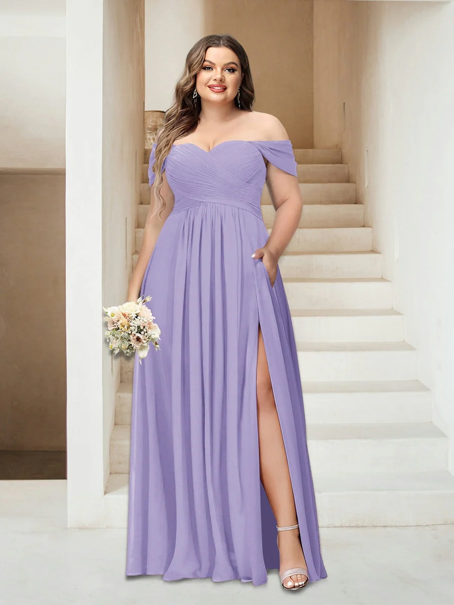 A-Line/Princess Off-the-Shoulder Sleeveless Chiffon Plus Size Bridesmaid Dresses with Pockets - Image 35