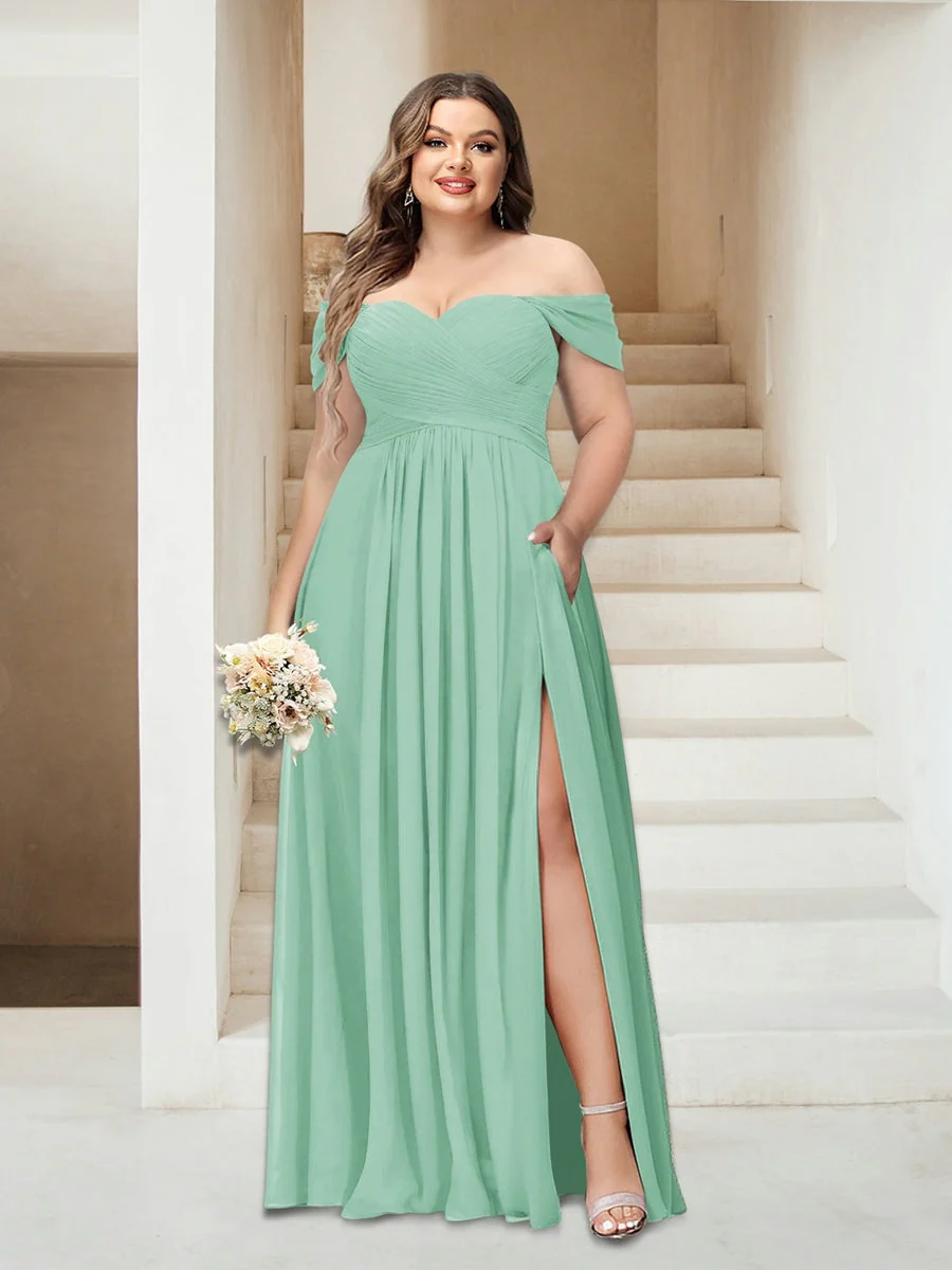 A-Line/Princess Off-the-Shoulder Sleeveless Chiffon Plus Size Bridesmaid Dresses with Pockets - Image 37