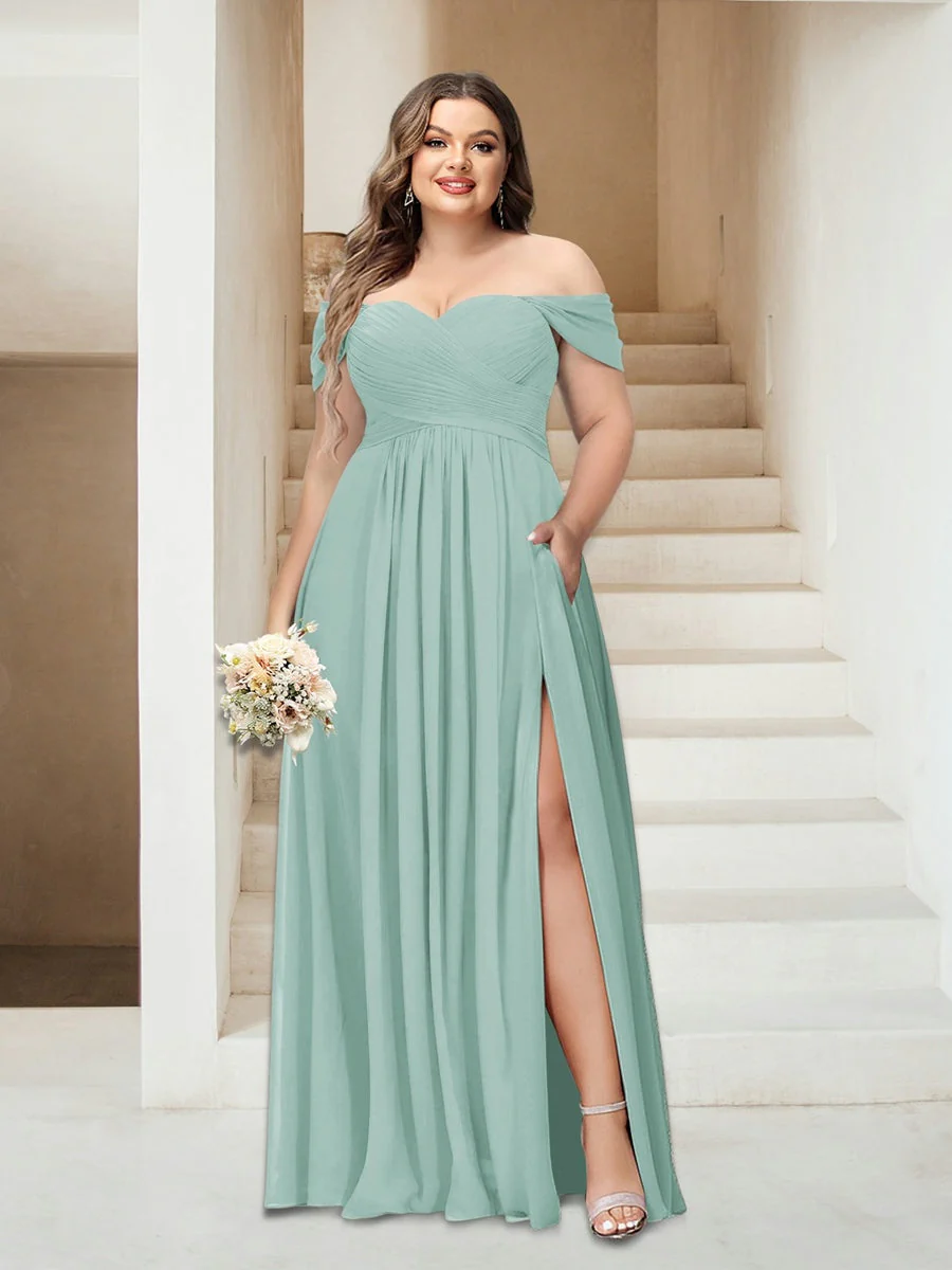 A-Line/Princess Off-the-Shoulder Sleeveless Chiffon Plus Size Bridesmaid Dresses with Pockets - Image 38