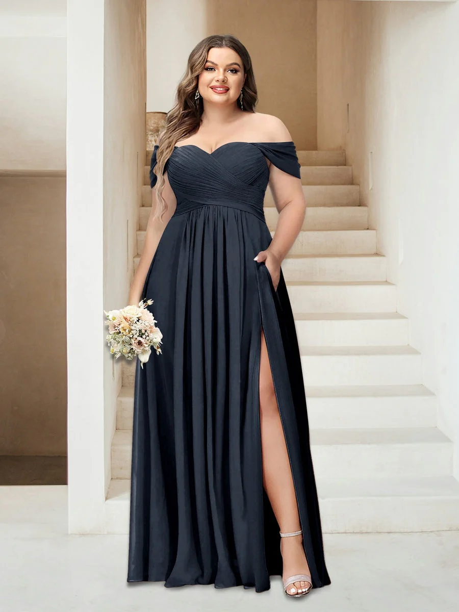 A-Line/Princess Off-the-Shoulder Sleeveless Chiffon Plus Size Bridesmaid Dresses with Pockets - Image 41
