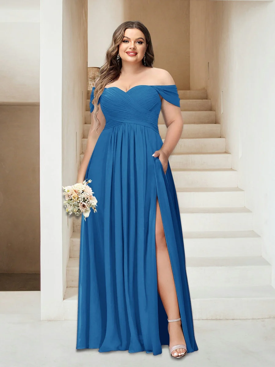 A-Line/Princess Off-the-Shoulder Sleeveless Chiffon Plus Size Bridesmaid Dresses with Pockets - Image 42