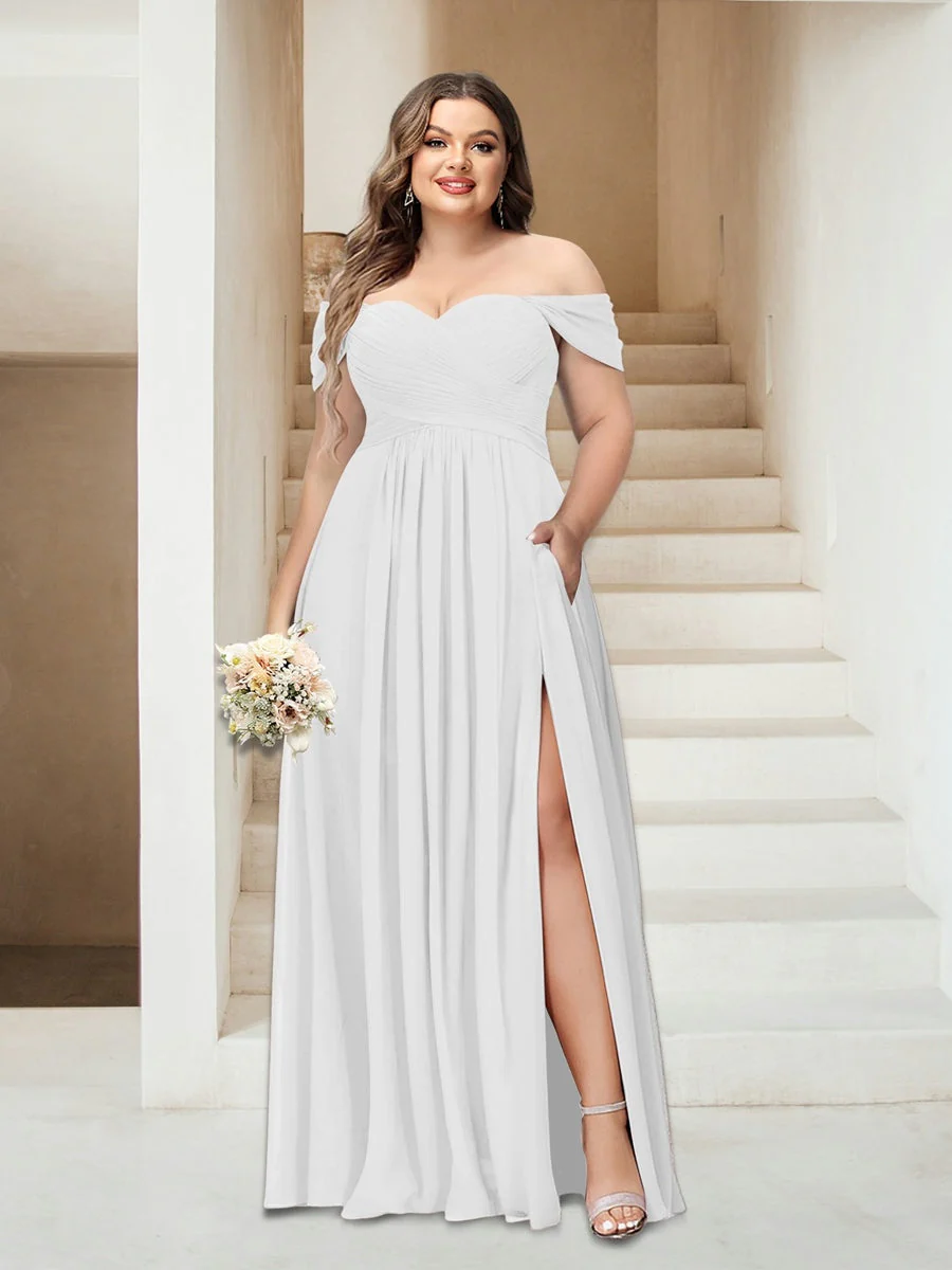 A-Line/Princess Off-the-Shoulder Sleeveless Chiffon Plus Size Bridesmaid Dresses with Pockets - Image 43