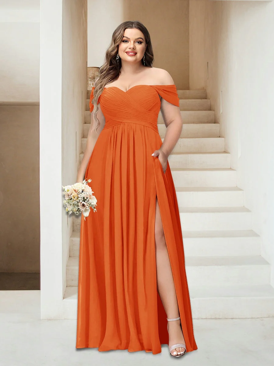 A-Line/Princess Off-the-Shoulder Sleeveless Chiffon Plus Size Bridesmaid Dresses with Pockets - Image 45