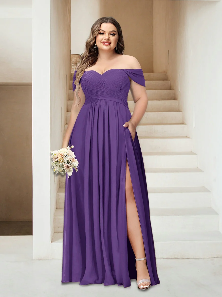 A-Line/Princess Off-the-Shoulder Sleeveless Chiffon Plus Size Bridesmaid Dresses with Pockets - Image 46
