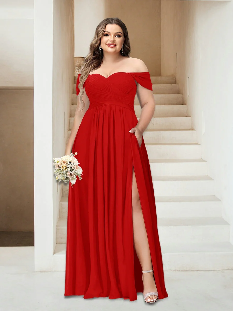 A-Line/Princess Off-the-Shoulder Sleeveless Chiffon Plus Size Bridesmaid Dresses with Pockets - Image 47