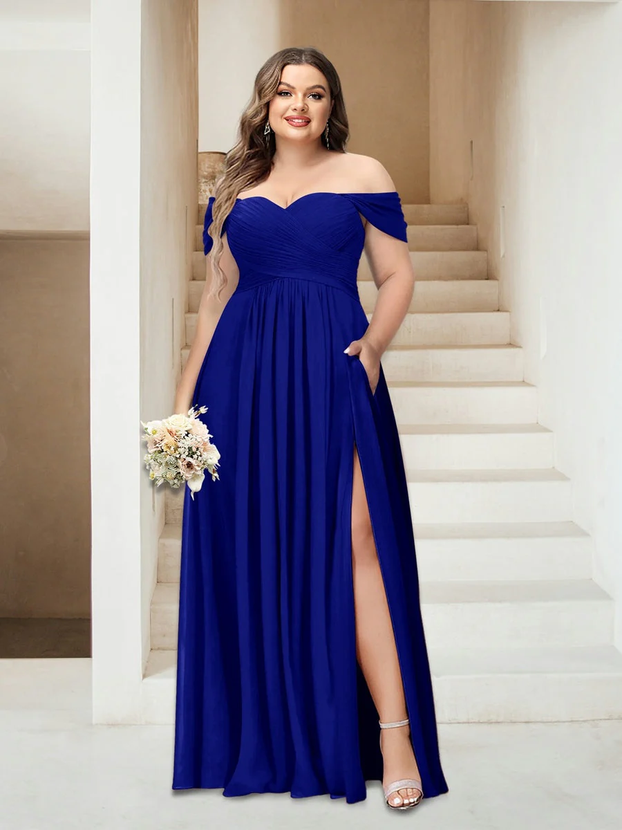 A-Line/Princess Off-the-Shoulder Sleeveless Chiffon Plus Size Bridesmaid Dresses with Pockets - Image 48