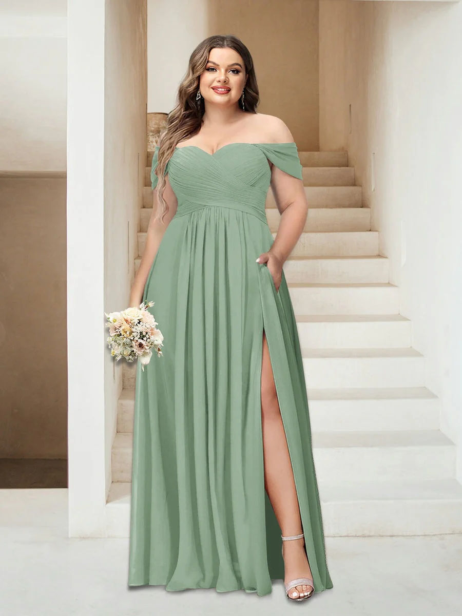 A-Line/Princess Off-the-Shoulder Sleeveless Chiffon Plus Size Bridesmaid Dresses with Pockets - Image 49