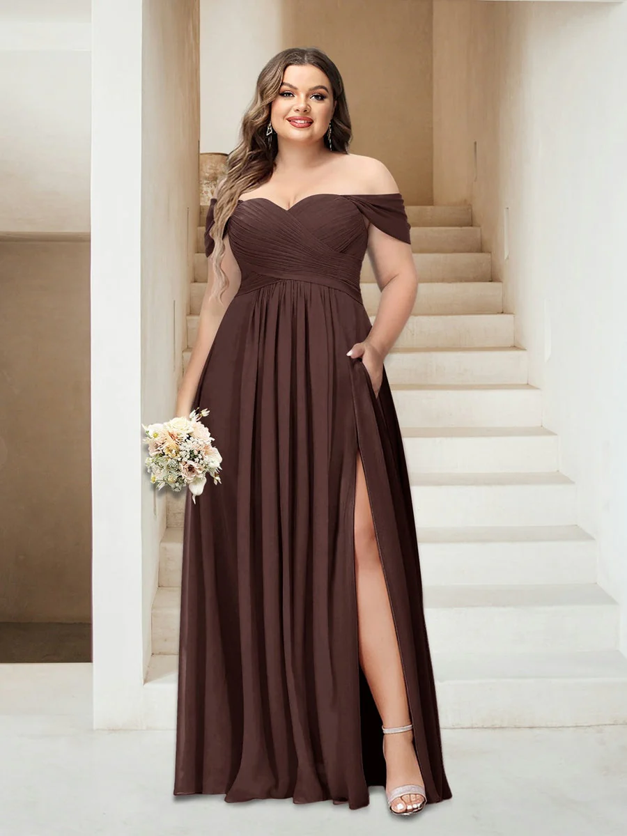 A-Line/Princess Off-the-Shoulder Sleeveless Chiffon Plus Size Bridesmaid Dresses with Pockets - Image 5