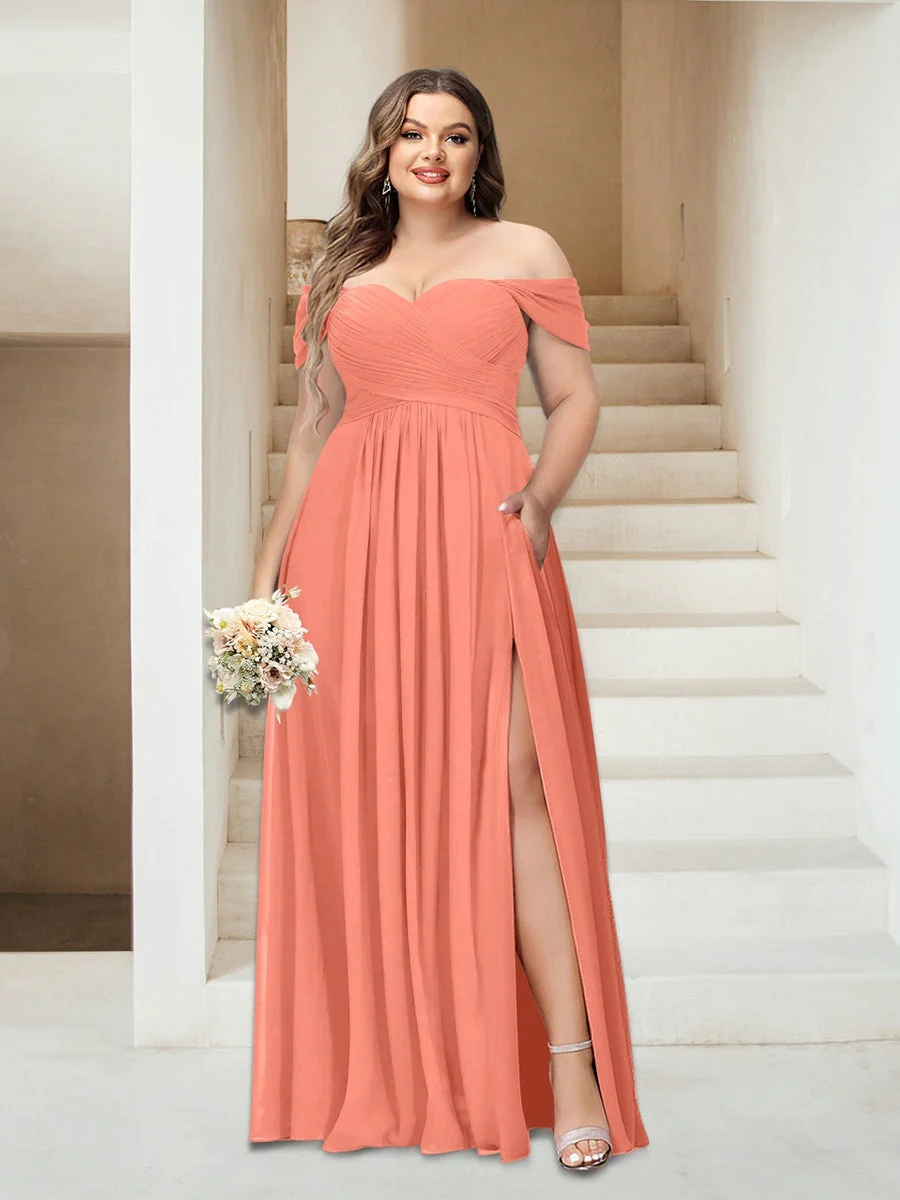 A-Line/Princess Off-the-Shoulder Sleeveless Chiffon Plus Size Bridesmaid Dresses with Pockets - Image 50