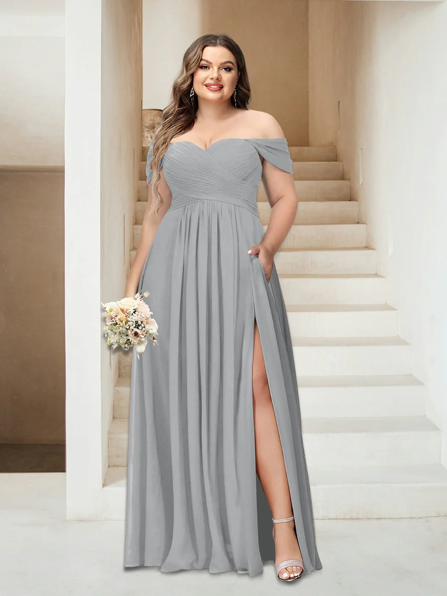 A-Line/Princess Off-the-Shoulder Sleeveless Chiffon Plus Size Bridesmaid Dresses with Pockets - Image 51