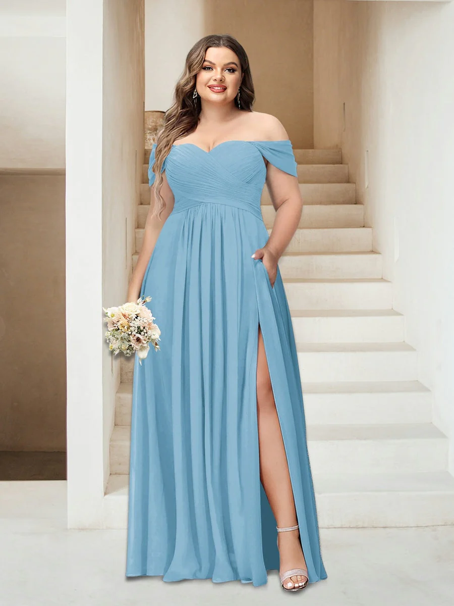 A-Line/Princess Off-the-Shoulder Sleeveless Chiffon Plus Size Bridesmaid Dresses with Pockets - Image 53
