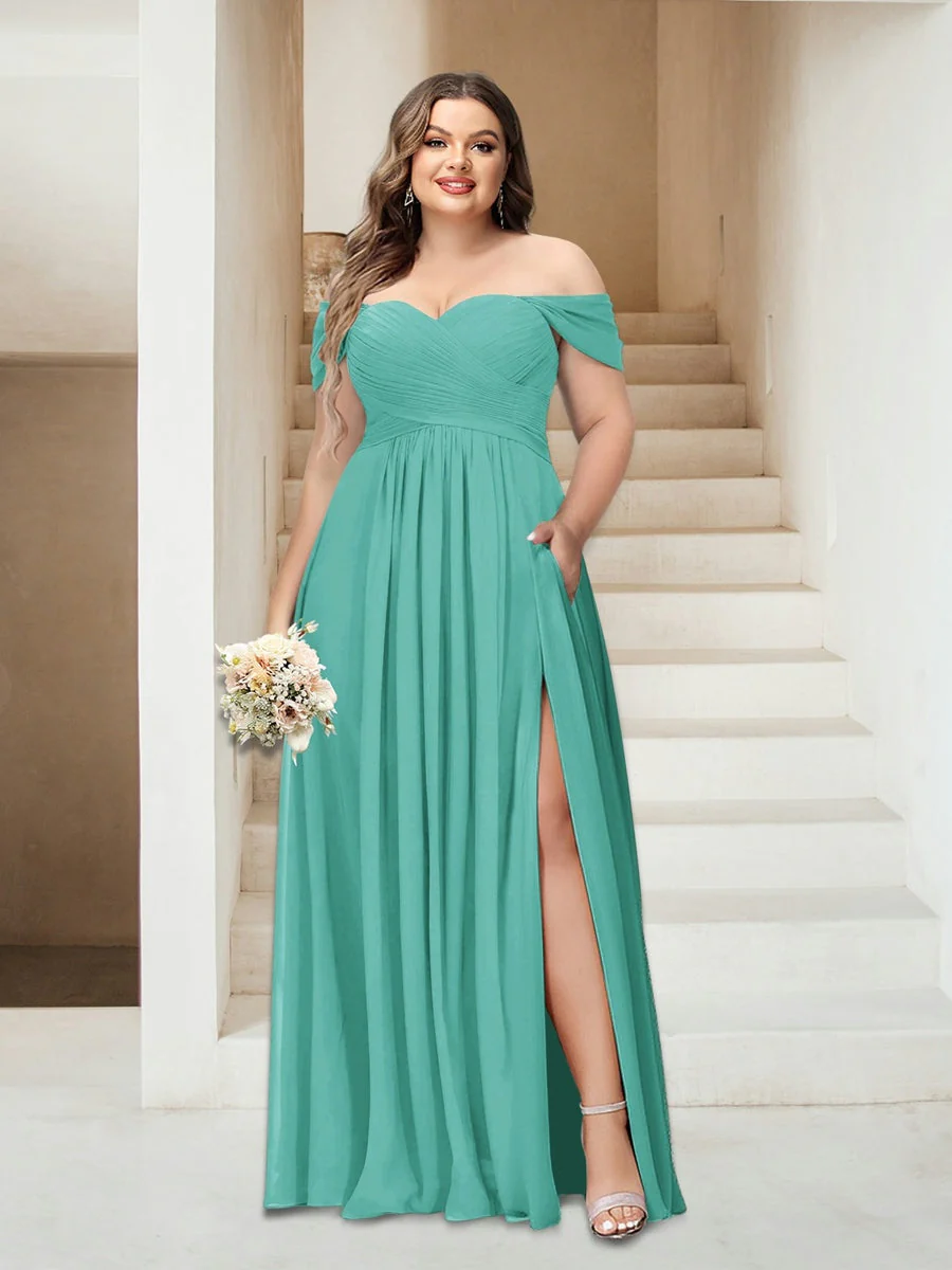 A-Line/Princess Off-the-Shoulder Sleeveless Chiffon Plus Size Bridesmaid Dresses with Pockets - Image 54