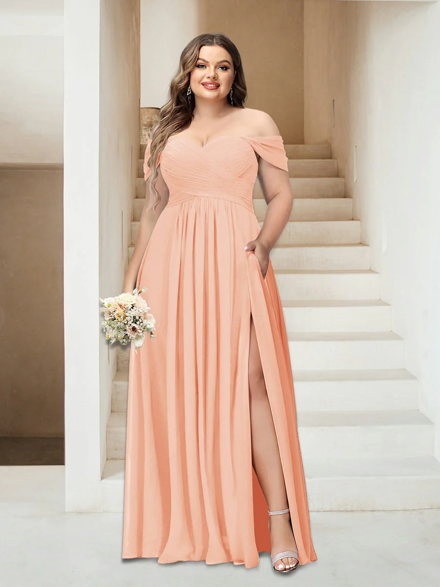A-Line/Princess Off-the-Shoulder Sleeveless Chiffon Plus Size Bridesmaid Dresses with Pockets - Image 56