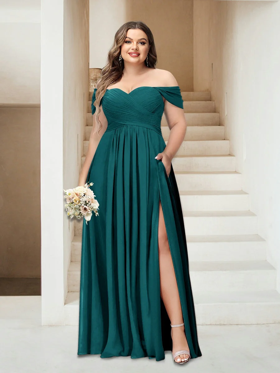 A-Line/Princess Off-the-Shoulder Sleeveless Chiffon Plus Size Bridesmaid Dresses with Pockets - Image 57
