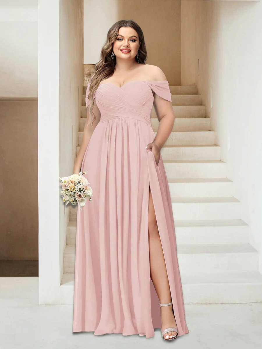 A-Line/Princess Off-the-Shoulder Sleeveless Chiffon Plus Size Bridesmaid Dresses with Pockets - Image 58