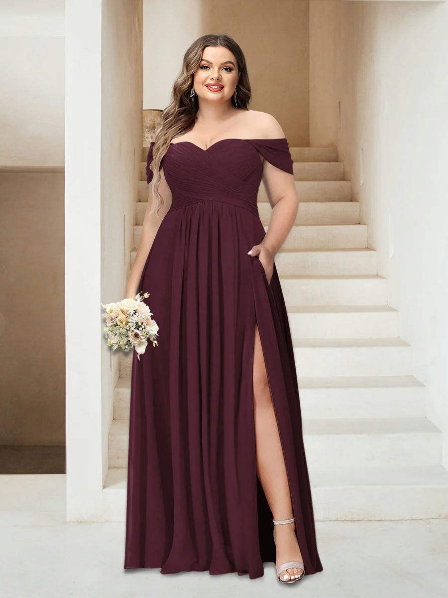 A-Line/Princess Off-the-Shoulder Sleeveless Chiffon Plus Size Bridesmaid Dresses with Pockets - Image 6