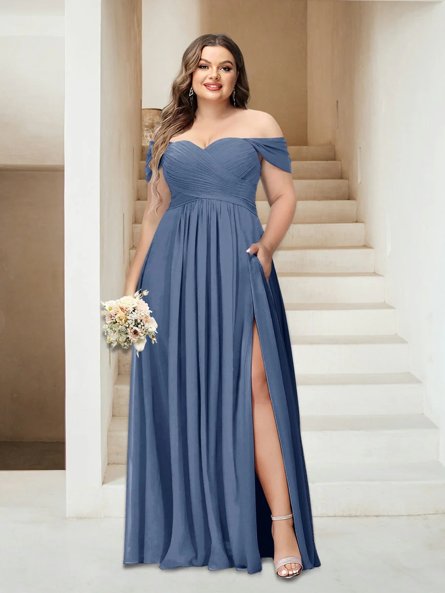 A-Line/Princess Off-the-Shoulder Sleeveless Chiffon Plus Size Bridesmaid Dresses with Pockets - Image 61
