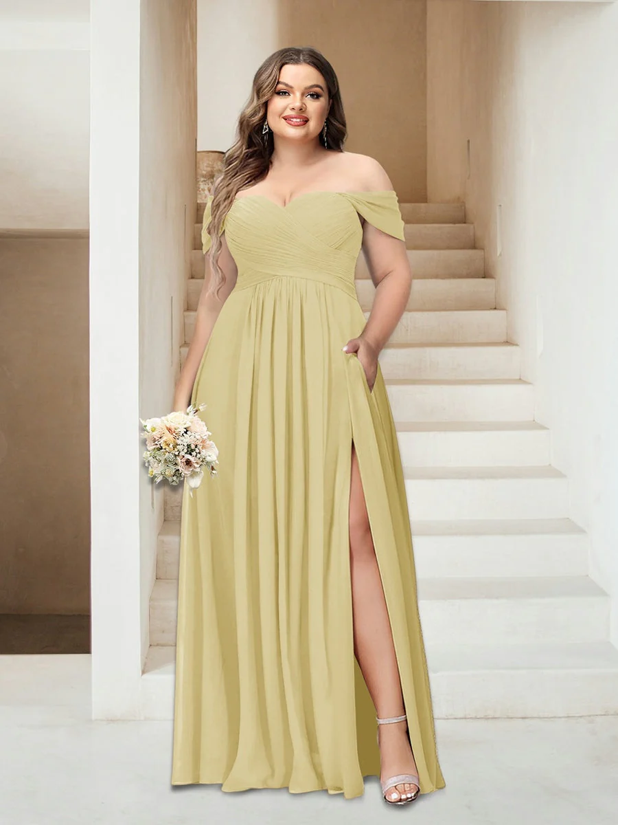A-Line/Princess Off-the-Shoulder Sleeveless Chiffon Plus Size Bridesmaid Dresses with Pockets - Image 68
