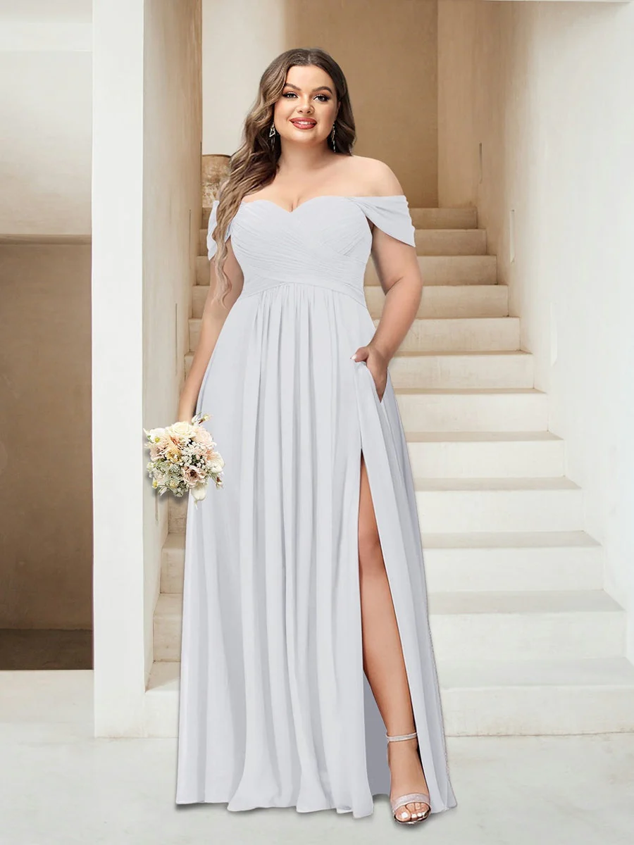 A-Line/Princess Off-the-Shoulder Sleeveless Chiffon Plus Size Bridesmaid Dresses with Pockets - Image 69