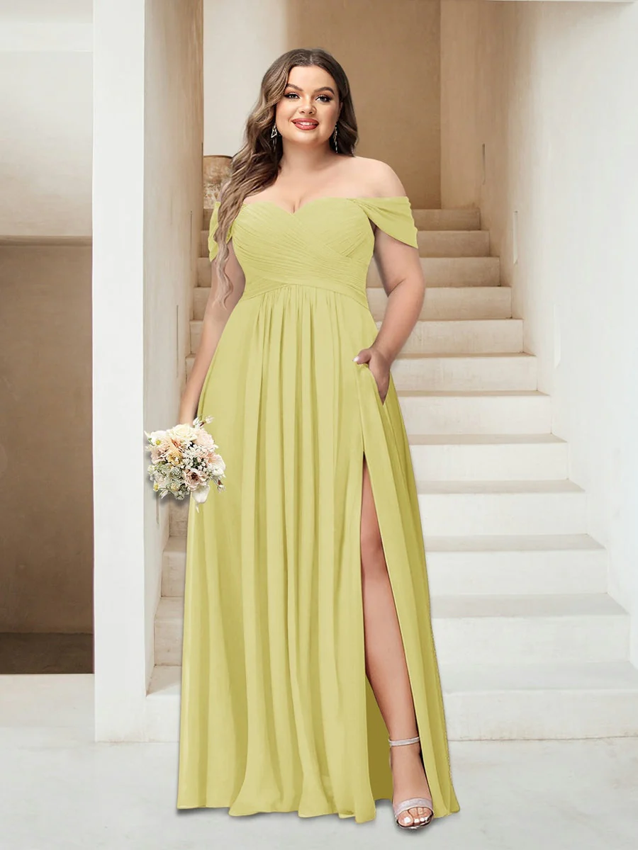 A-Line/Princess Off-the-Shoulder Sleeveless Chiffon Plus Size Bridesmaid Dresses with Pockets - Image 7