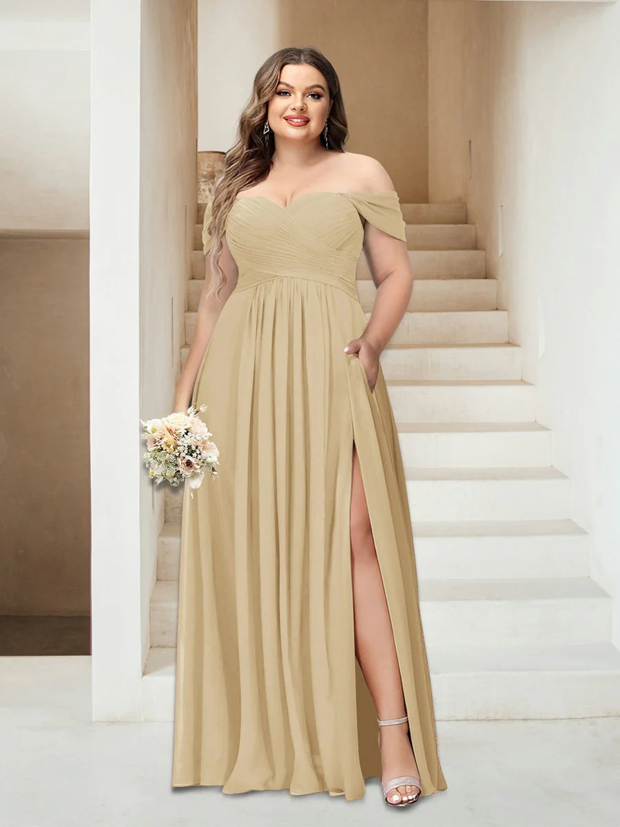 A-Line/Princess Off-the-Shoulder Sleeveless Chiffon Plus Size Bridesmaid Dresses with Pockets - Image 8