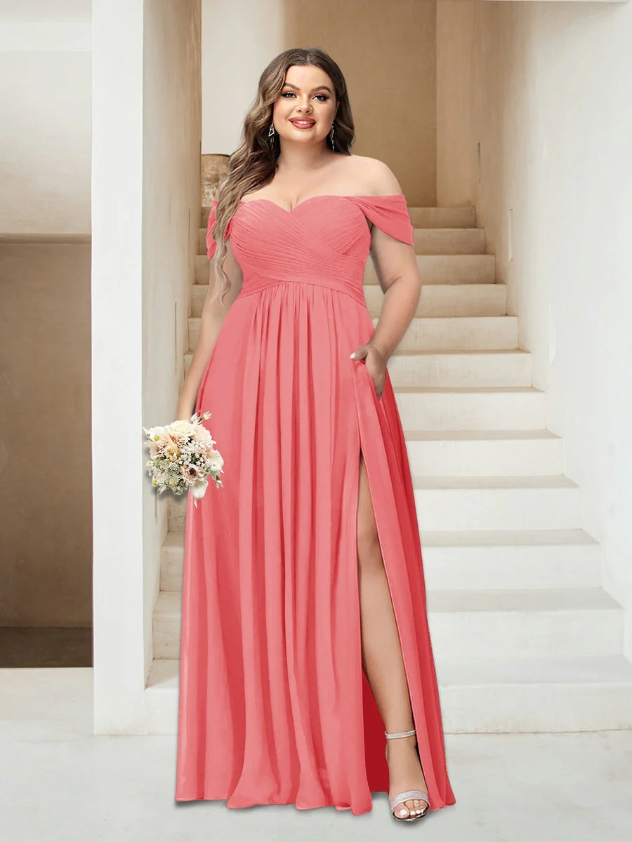 A-Line/Princess Off-the-Shoulder Sleeveless Chiffon Plus Size Bridesmaid Dresses with Pockets - Image 9