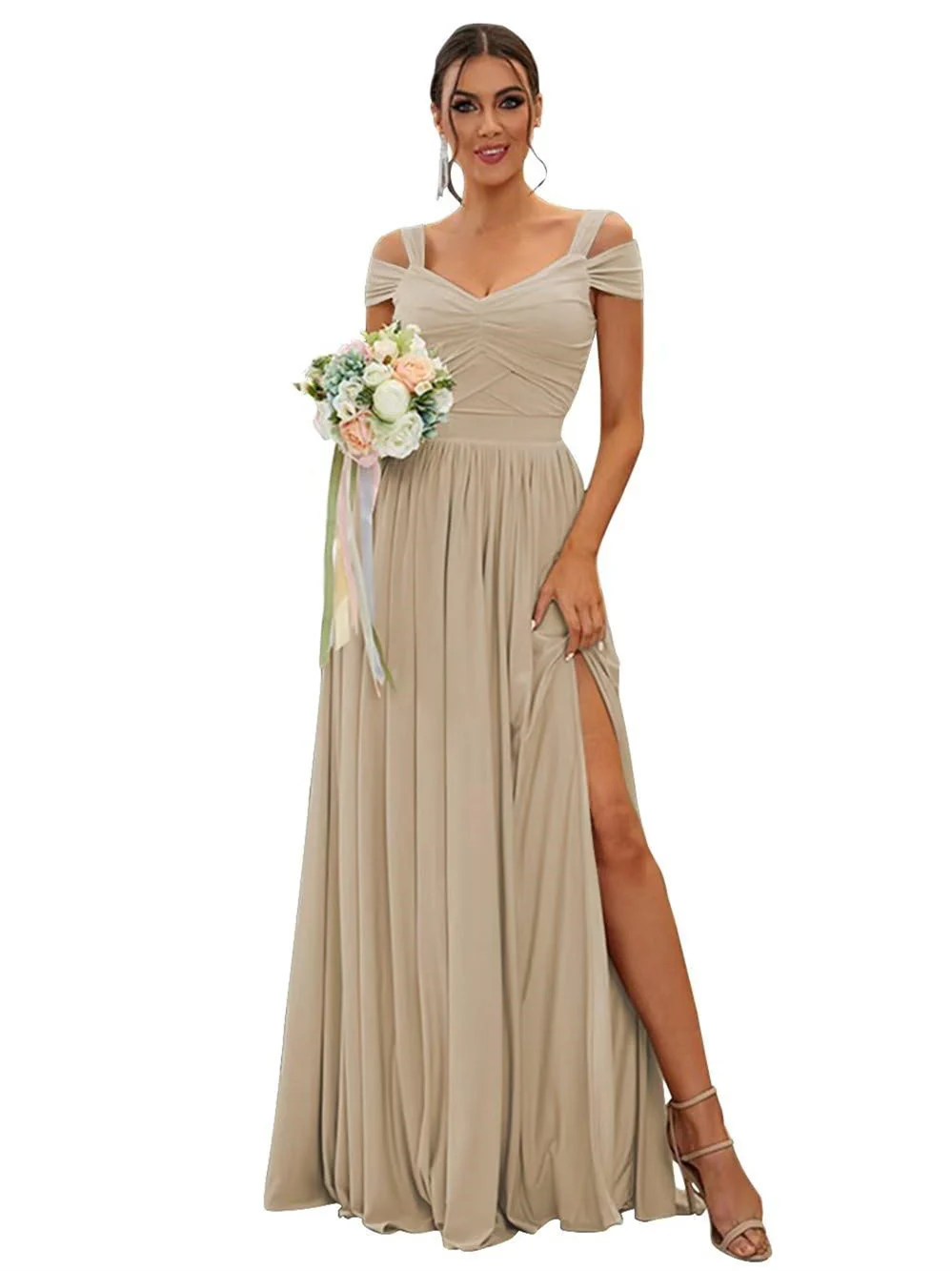 A-Line/Princess Off-the-shoulder Sleeveless Floor   Length Bridesmaid Dresses  Chiffon with Ruffles - Image 22