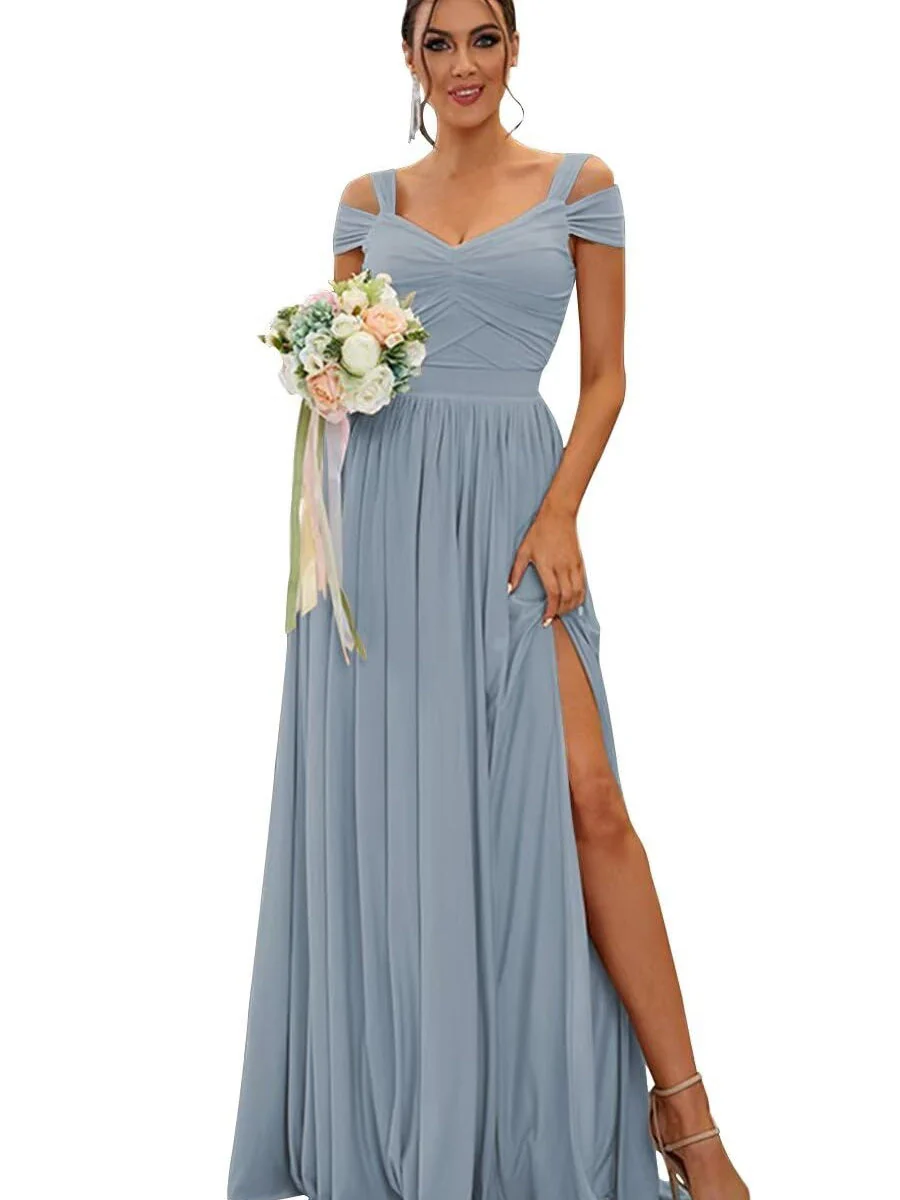 A-Line/Princess Off-the-shoulder Sleeveless Floor   Length Bridesmaid Dresses  Chiffon with Ruffles - Image 30