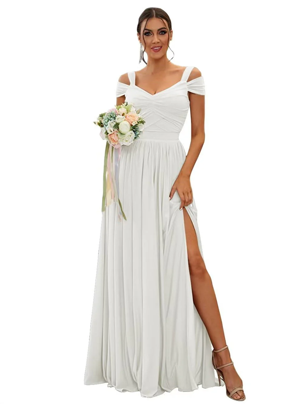 A-Line/Princess Off-the-shoulder Sleeveless Floor   Length Bridesmaid Dresses  Chiffon with Ruffles - Image 31