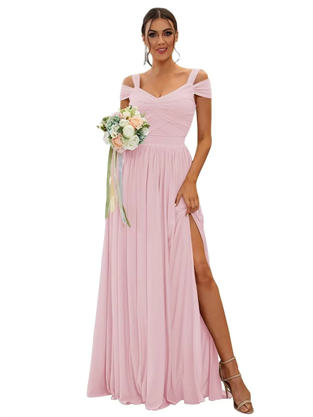 A-Line/Princess Off-the-shoulder Sleeveless Floor   Length Bridesmaid Dresses  Chiffon with Ruffles - Image 9