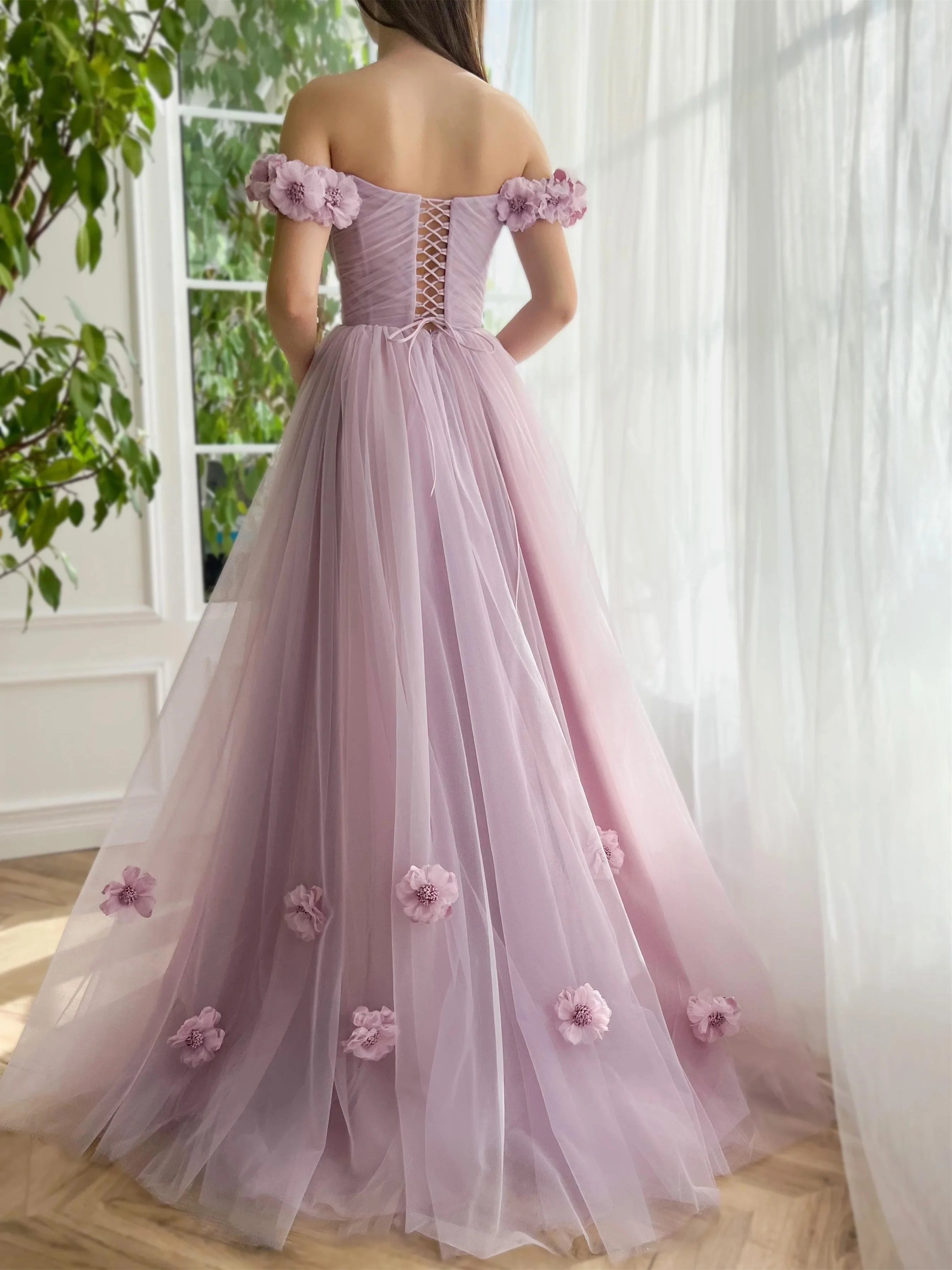 A-Line/Princess Off-the-Shoulder Sleeveless Floor-Length Flower Evening Dresses - Image 3