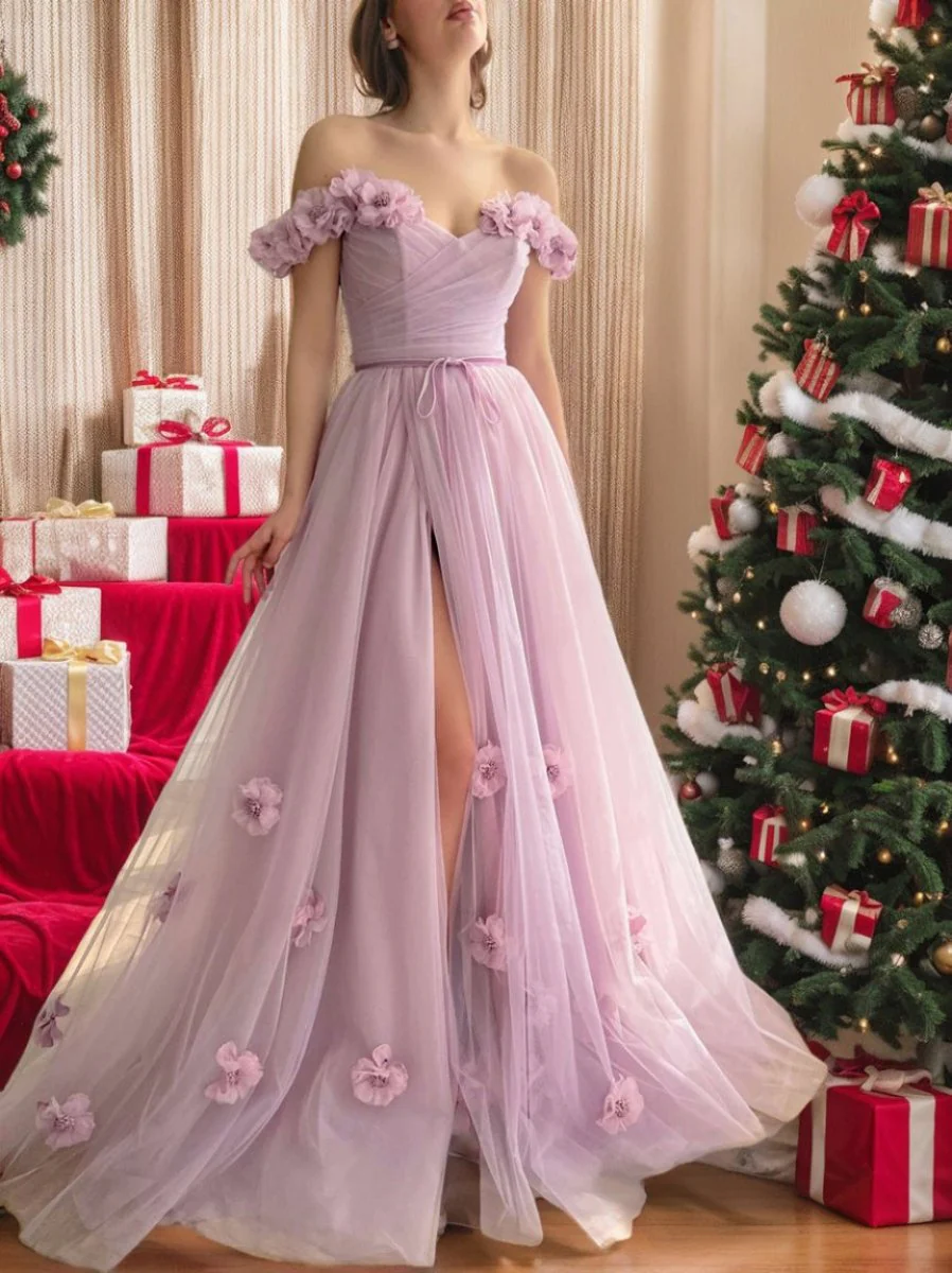 A-Line/Princess Off-the-Shoulder Sleeveless Floor-Length Flower Evening Dresses - Image 4