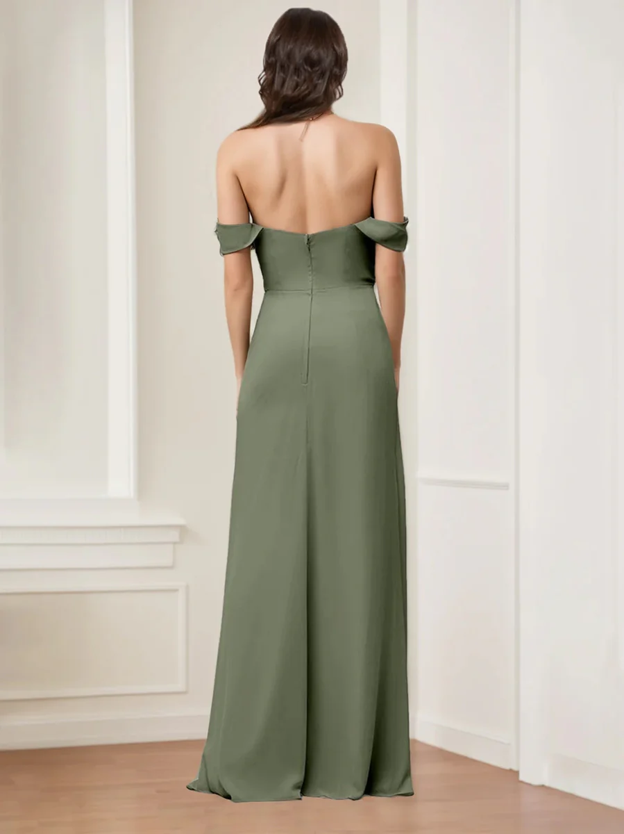 A-Line/Princess Off-the-Shoulder Sleeveless Floor-Length Long Bridesmaid Dresses with Split Side - Image 2