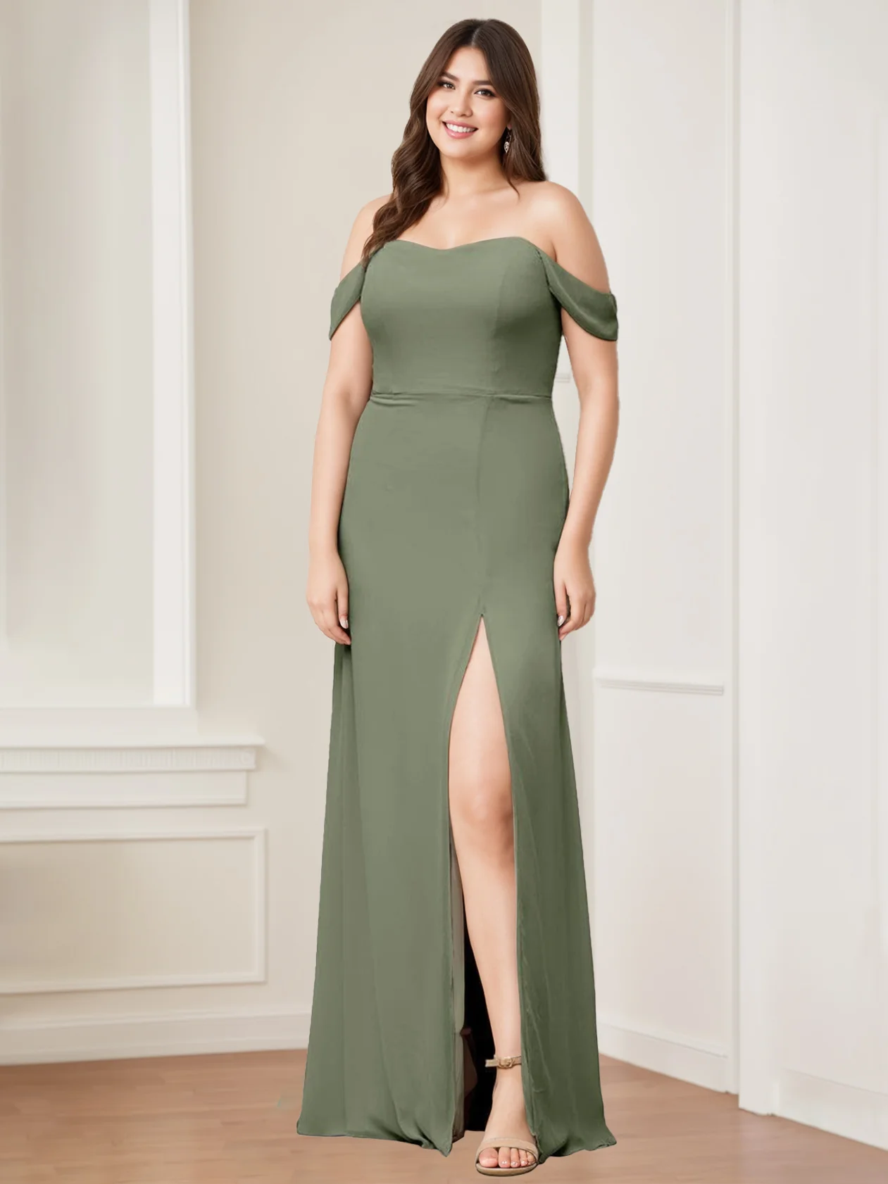 A-Line/Princess Off-the-Shoulder Sleeveless Floor-Length Long Bridesmaid Dresses with Split Side - Image 3