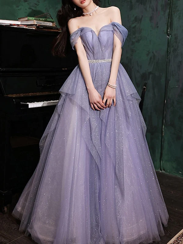 A-Line/Princess Off-the-Shoulder Sleeveless Floor-Length Long Prom Dresses With Sequin - Image 3