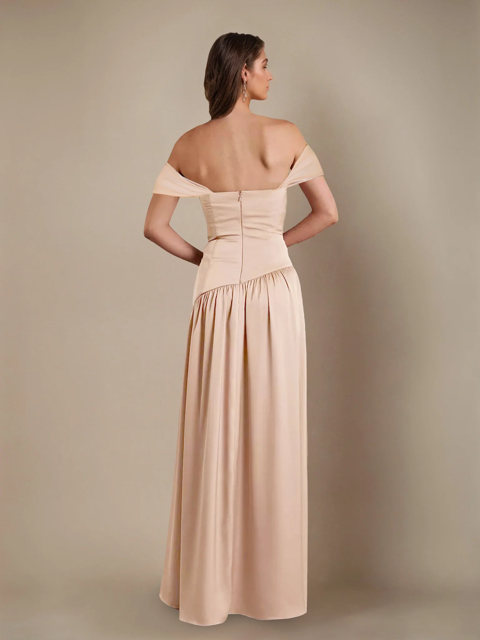 A-Line/Princess Off-the-Shoulder Sleeveless Floor-Length Silk Satin Bridesmaid Dresses with Pleated & Split Side - Image 2