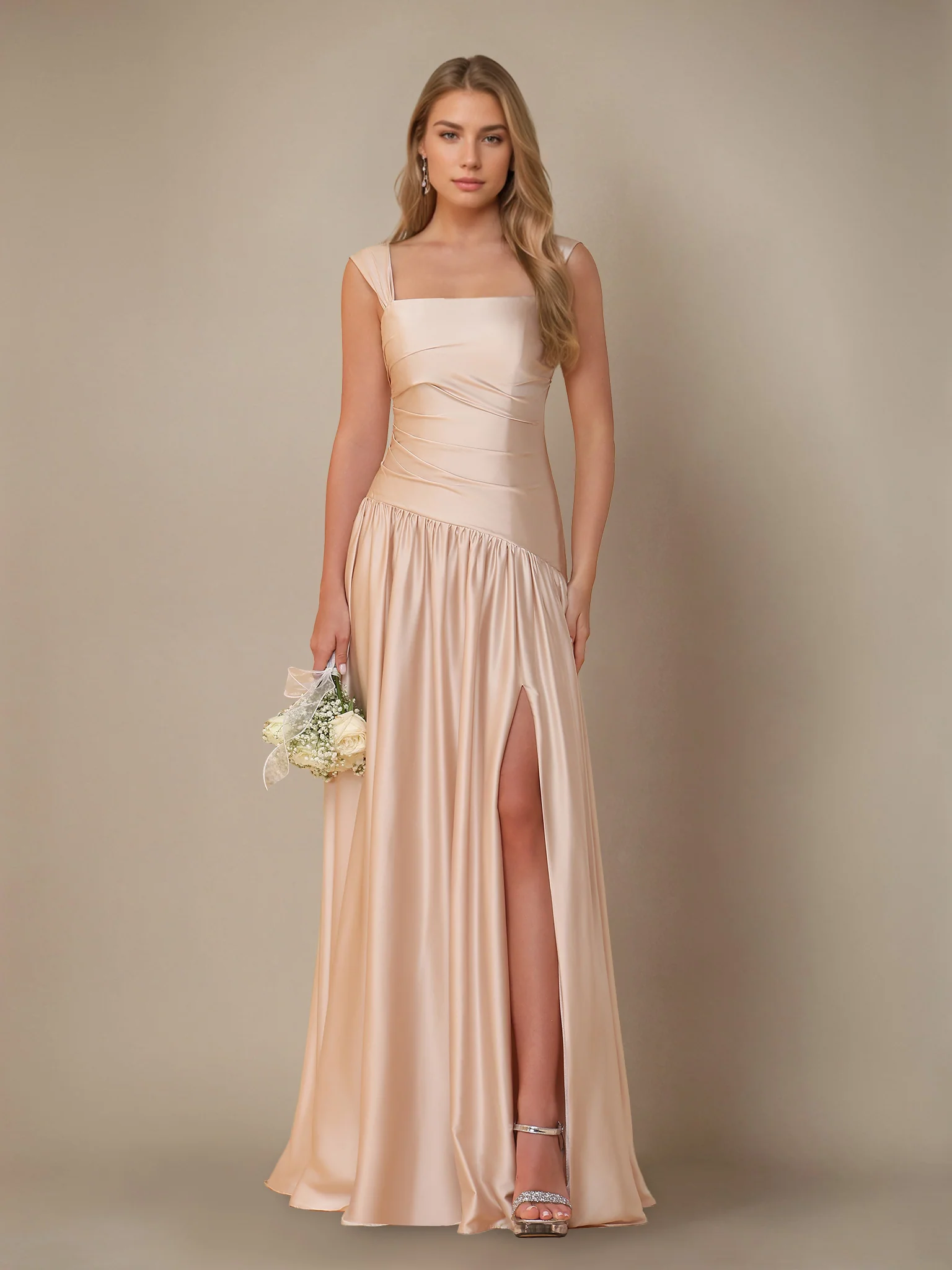 A-Line/Princess Off-the-Shoulder Sleeveless Floor-Length Silk Satin Bridesmaid Dresses with Pleated & Split Side - Image 3