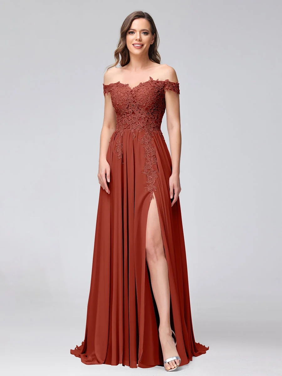 A-Line/Princess Off-the-Shoulder Sleeveless Long Bridesmaid Dresses with Side Slit & Appliqued - Image 13
