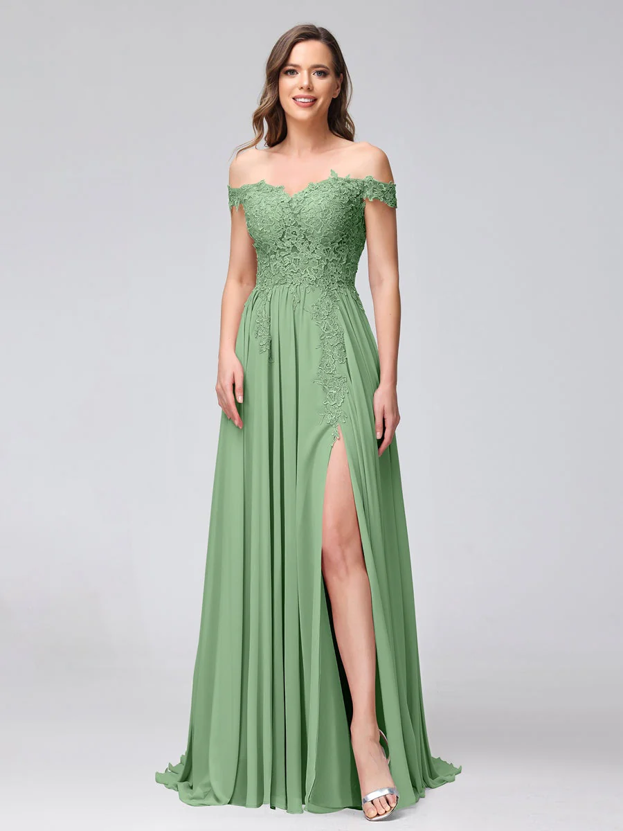 A-Line/Princess Off-the-Shoulder Sleeveless Long Bridesmaid Dresses with Side Slit & Appliqued - Image 16