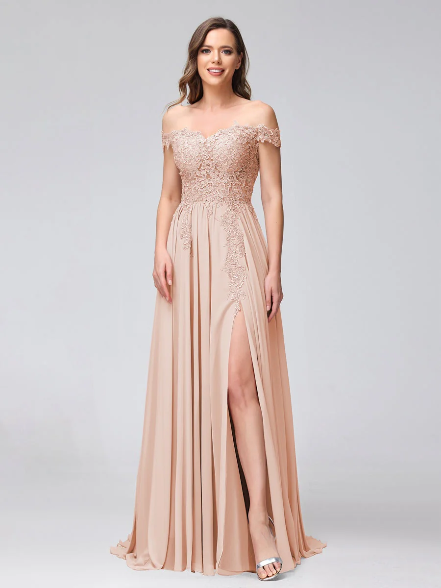 A-Line/Princess Off-the-Shoulder Sleeveless Long Bridesmaid Dresses with Side Slit & Appliqued - Image 2