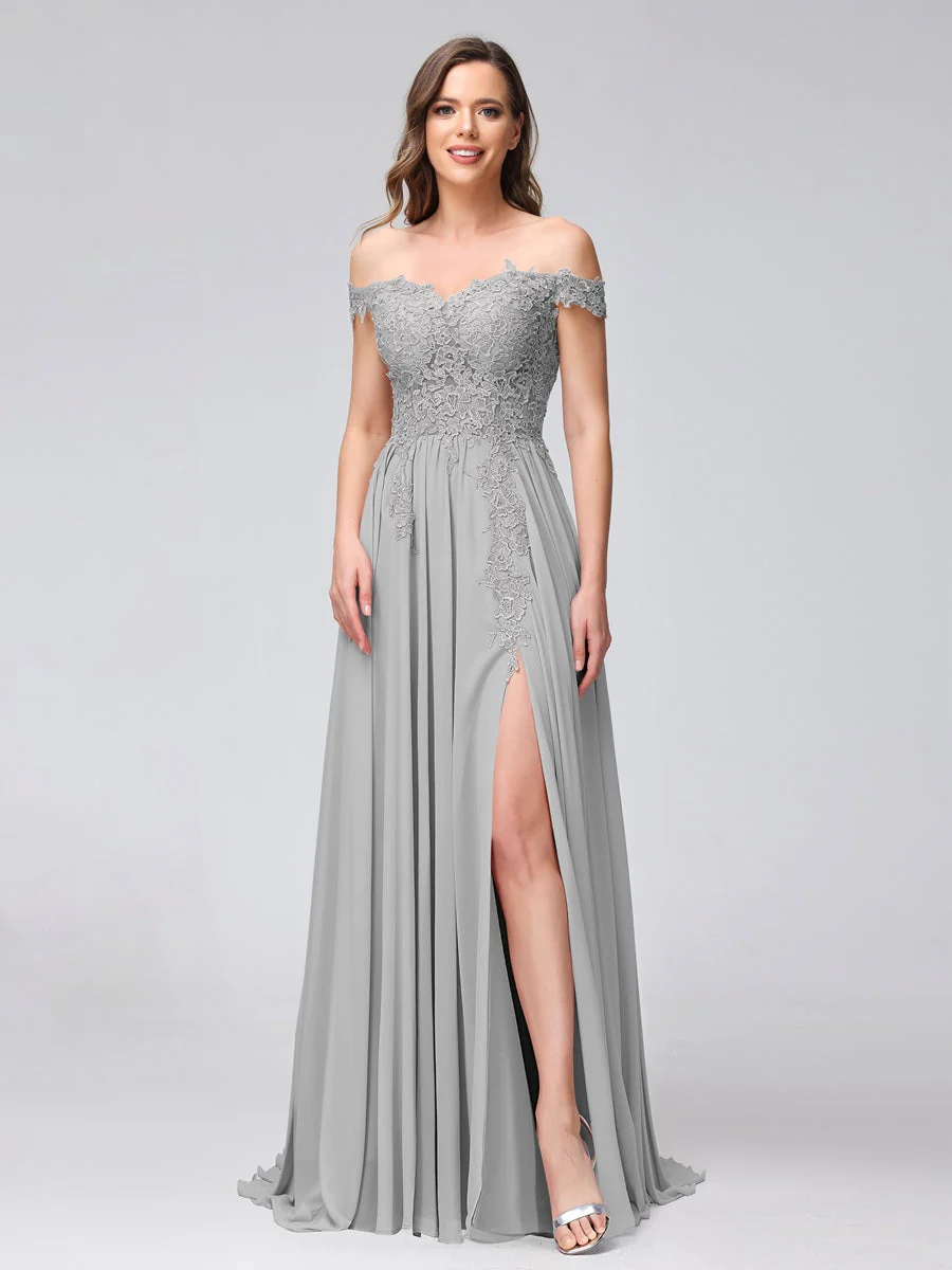 A-Line/Princess Off-the-Shoulder Sleeveless Long Bridesmaid Dresses with Side Slit & Appliqued - Image 22