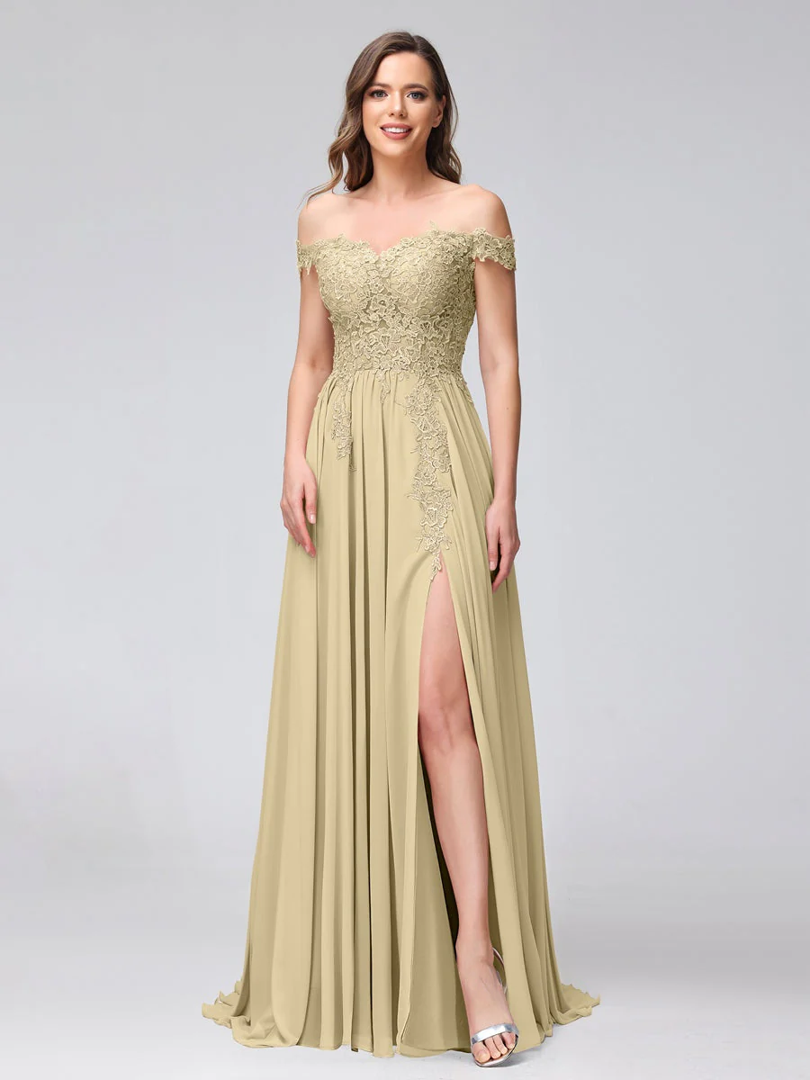 A-Line/Princess Off-the-Shoulder Sleeveless Long Bridesmaid Dresses with Side Slit & Appliqued - Image 24